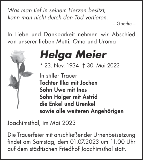 Traueranzeige von Helga Meier von Märkische Oderzeitung