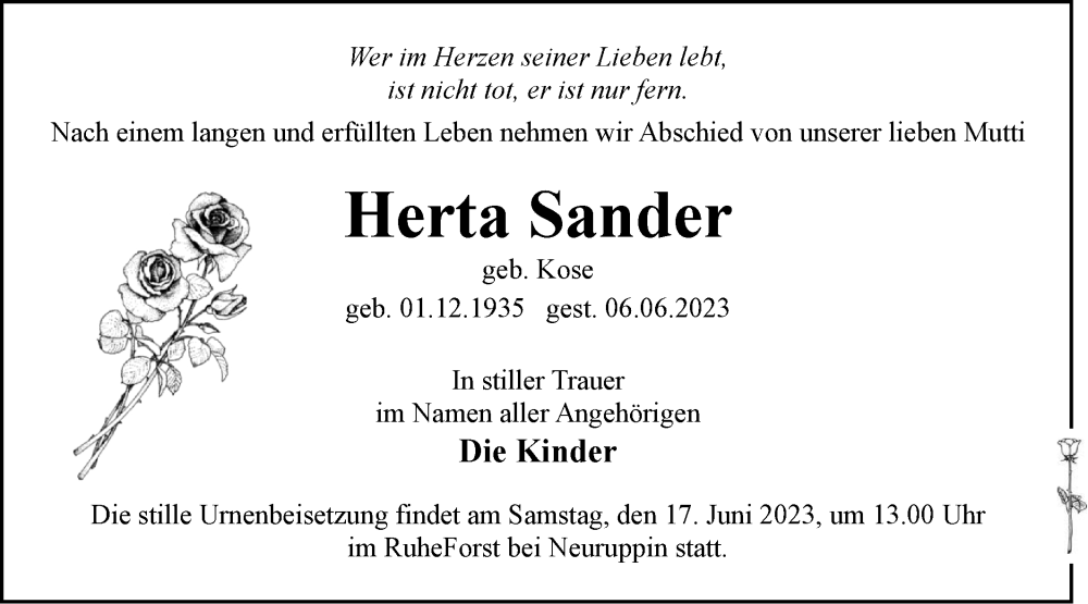  Traueranzeige für Herta Sander vom 10.06.2023 aus Märkische Oderzeitung