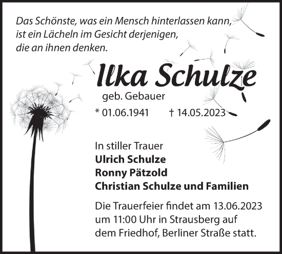 Traueranzeige von Ilka Schulze von Märkische Oderzeitung