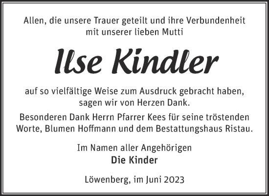 Traueranzeige von Ilse Kindler von Märkische Oderzeitung