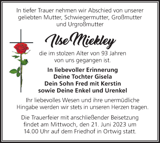 Traueranzeige von Ilse Miekley von Märkische Oderzeitung