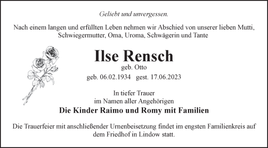 Traueranzeige von Ilse Rensch von Märkische Oderzeitung