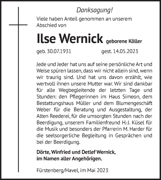 Traueranzeige von Ilse Wernick von Märkische Oderzeitung