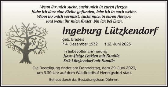 Traueranzeige von Ingeburg Lützkendorf von Märkische Oderzeitung