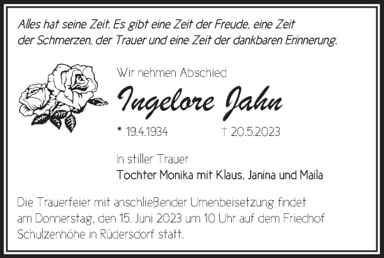 Traueranzeige von Ingelore Jahn von Märkische Oderzeitung