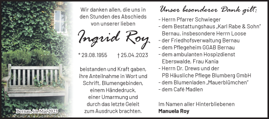 Traueranzeige von Ingrid Roy von Märkische Oderzeitung