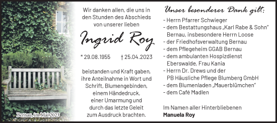 Traueranzeige von Ingrid Roy von Märkische Oderzeitung