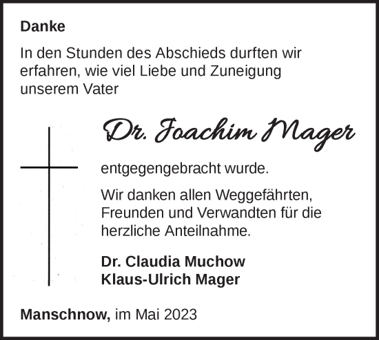 Traueranzeige von Joachim Mager von Märkische Oderzeitung