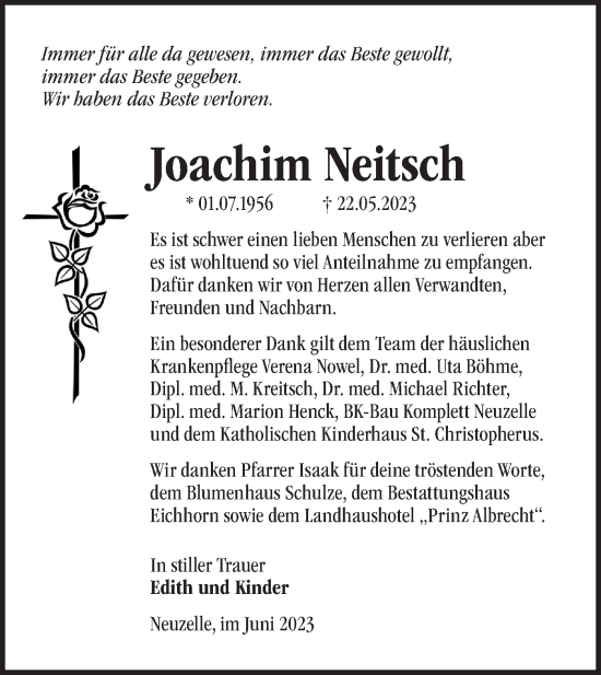 Traueranzeige von Joachim Neitsch von Märkische Oderzeitung