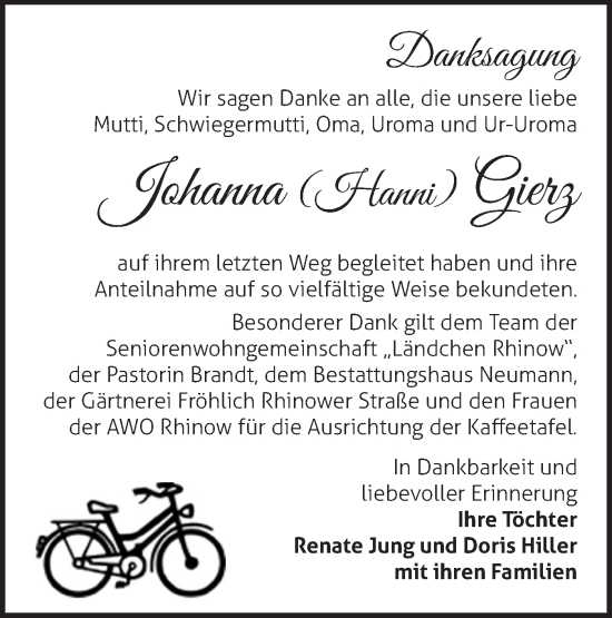 Traueranzeige von Johanna Gierz von Märkische Oderzeitung