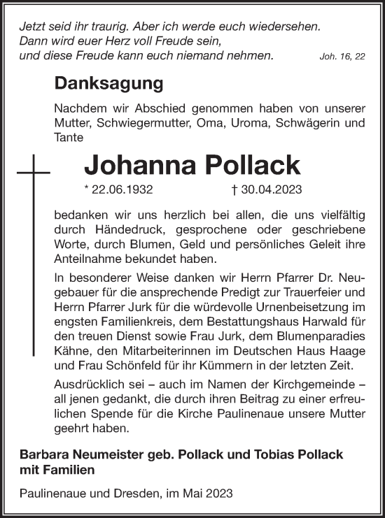 Traueranzeige von Johanna Pollack von Märkische Oderzeitung