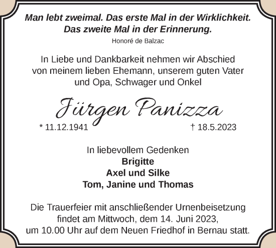 Traueranzeige von Jürgen Panizza von Märkische Oderzeitung