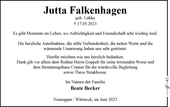 Traueranzeige von Jutta Falkenhagen von Märkische Oderzeitung