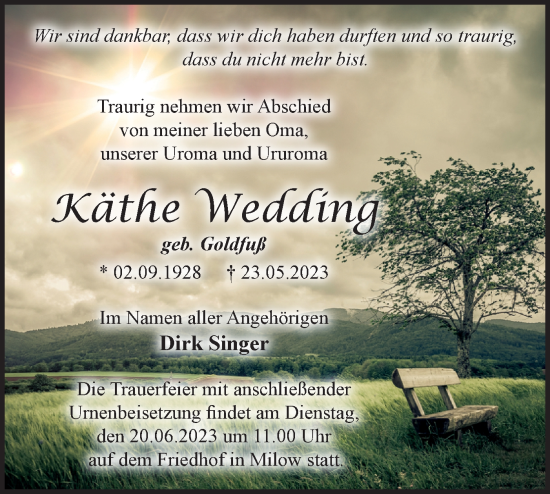 Traueranzeige von Käthe Wedding von Märkische Oderzeitung