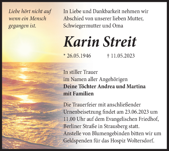 Traueranzeige von Karin Streit von Märkische Oderzeitung