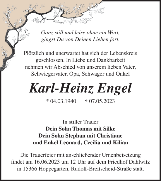 Traueranzeige von Karl-Heinz Engel von Märkische Oderzeitung