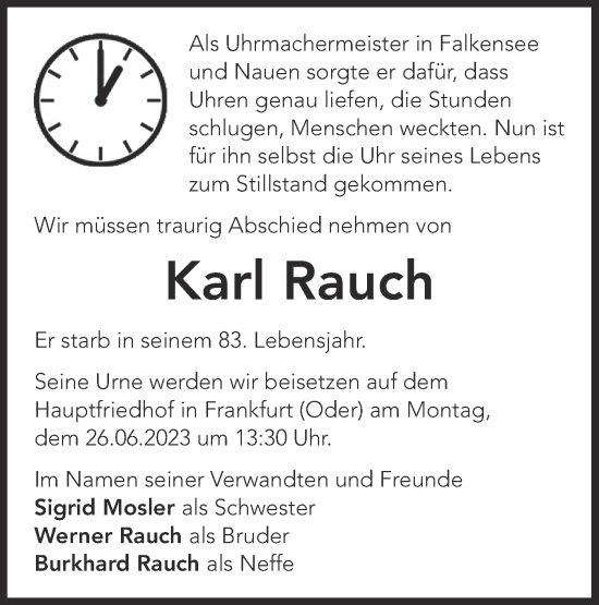 Traueranzeige von Karl Rauch von Märkische Oderzeitung