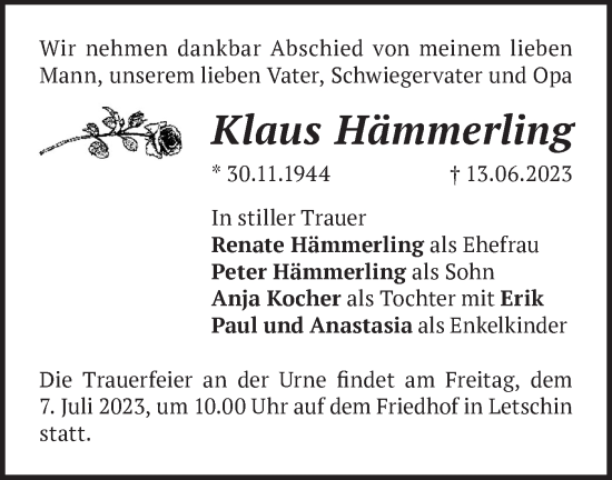 Traueranzeige von Klaus Hämmerling von Märkische Oderzeitung