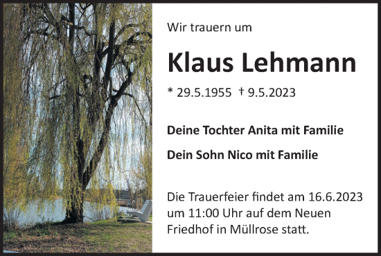 Traueranzeige von Klaus Lehmann von Märkische Oderzeitung