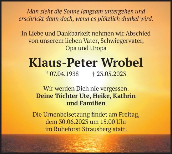 Traueranzeige von Klaus-Peter Wrobel von Märkische Oderzeitung