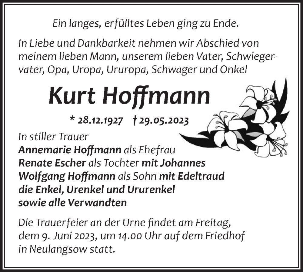  Traueranzeige für Kurt Hoffmann vom 03.06.2023 aus Märkische Oderzeitung