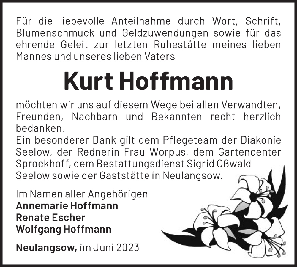  Traueranzeige für Kurt Hoffmann vom 17.06.2023 aus Märkische Oderzeitung
