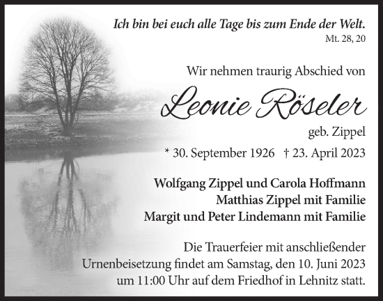 Traueranzeige von Leonie Röseler von Märkische Oderzeitung