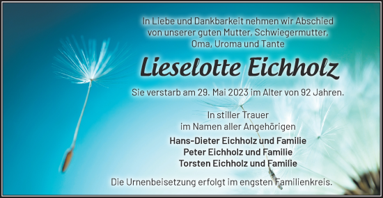 Traueranzeige von Lieselotte Eichholz von Märkische Oderzeitung