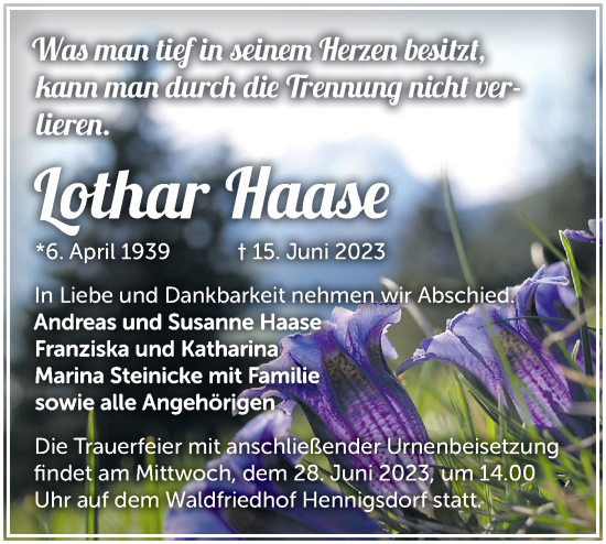 Traueranzeige von Lothar Haase von Märkische Oderzeitung