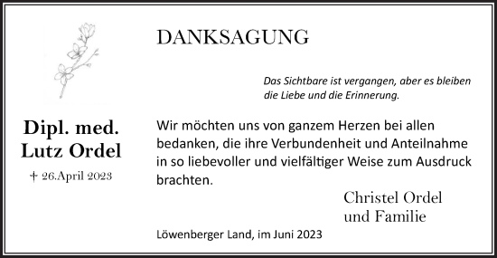 Traueranzeige von Lutz Ordel von Märkische Oderzeitung