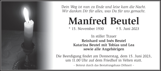 Traueranzeige von Manfred Beutel von Märkische Oderzeitung