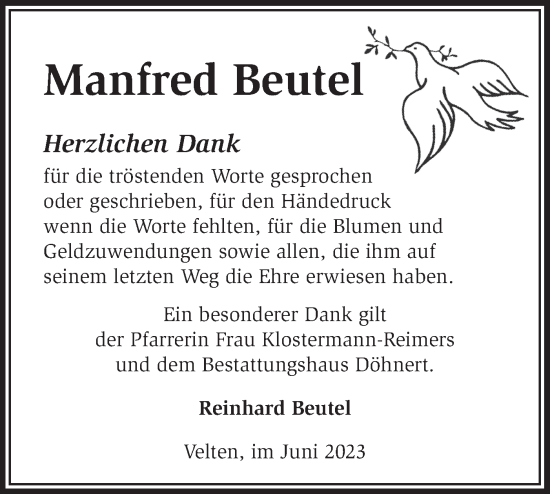 Traueranzeige von Manfred Beutel von Märkische Oderzeitung