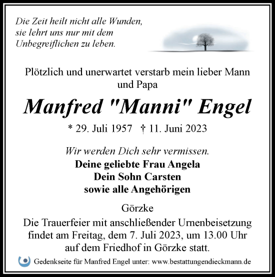 Traueranzeige von Manfred Engel von Märkische Oderzeitung