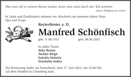 Traueranzeige von Manfred Schönfisch von Märkische Oderzeitung