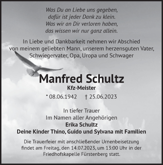 Traueranzeige von Manfred Schultz von Märkische Oderzeitung