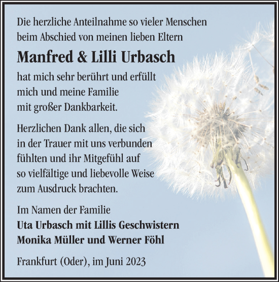 Traueranzeige von Manfred und Lilli Urbasch von Märkische Oderzeitung