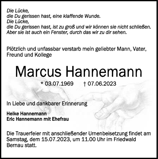 Traueranzeige von Marcus Hannemann von Märkische Oderzeitung