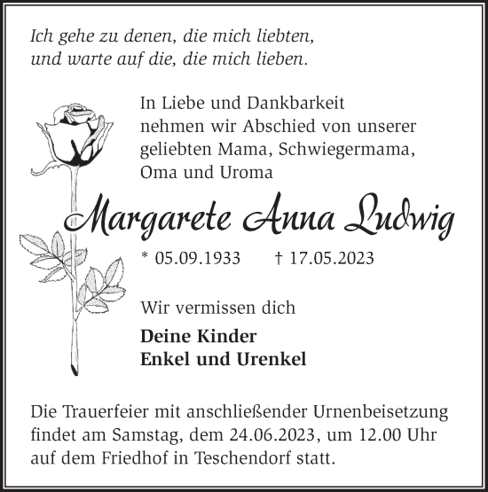 Traueranzeige von Margarete Anna Ludwig von Märkische Oderzeitung