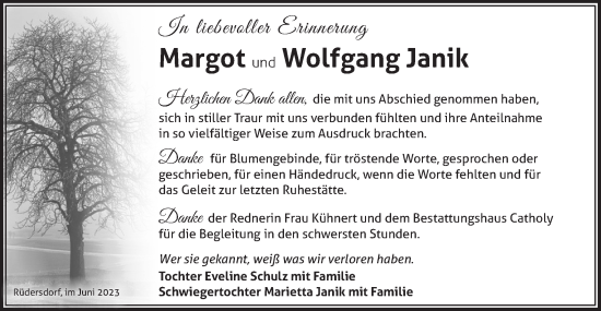 Traueranzeige von Margot und Wolfgang Janik von Märkische Oderzeitung