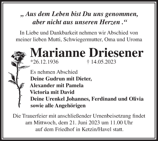 Traueranzeige von Marianne Driesener von Märkische Oderzeitung