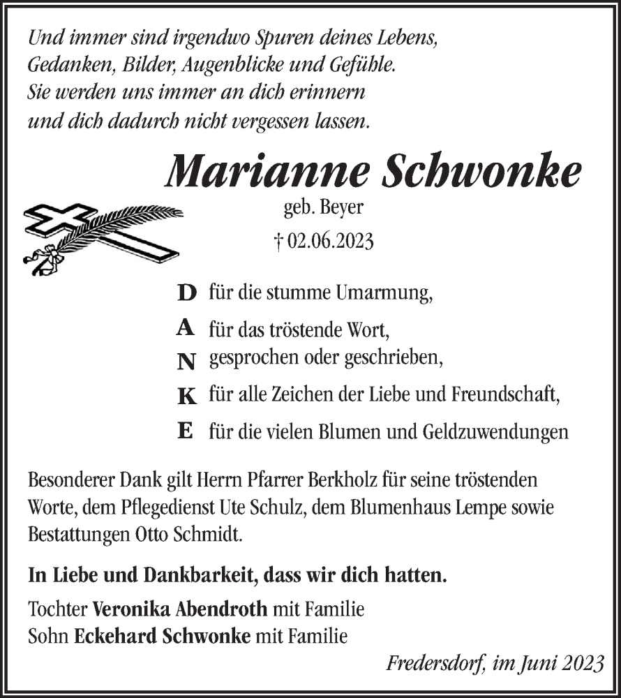  Traueranzeige für Marianne Schwonke vom 17.06.2023 aus Märkische Oderzeitung