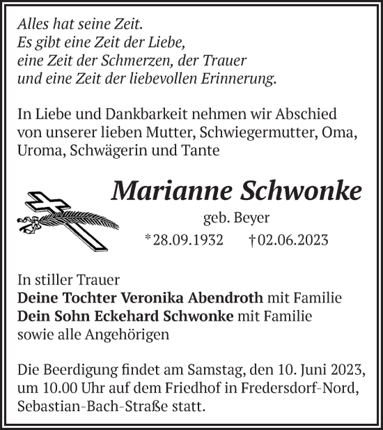 Anzeige Marianne Schwonke