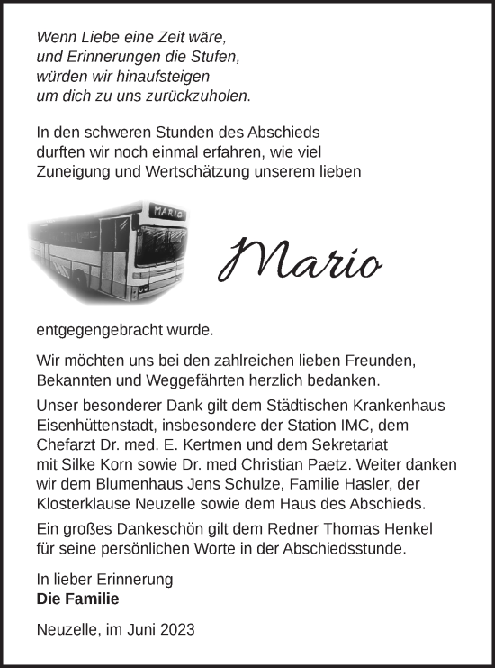 Traueranzeige von Mario  von Märkische Oderzeitung