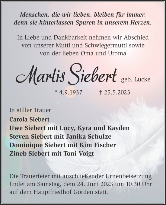 Traueranzeige von Marlis Siebert von Märkische Oderzeitung