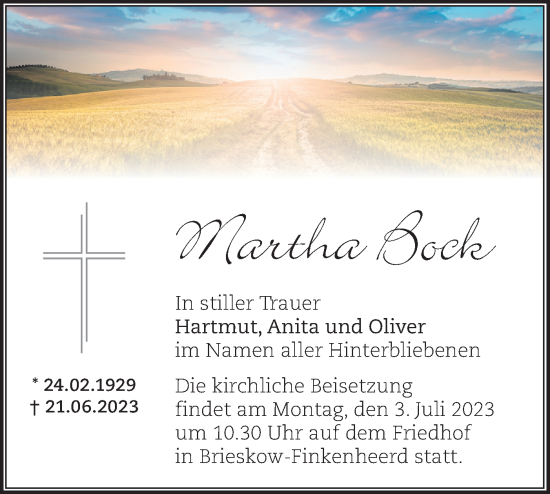 Traueranzeige von Martha Bock von Märkische Oderzeitung