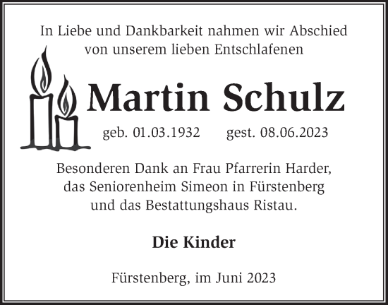 Traueranzeige von Martin Schulz von Märkische Oderzeitung