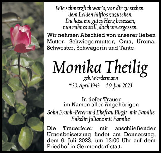 Traueranzeige von Monika Theilig von Märkische Oderzeitung