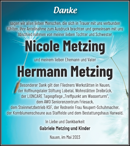 Traueranzeige von Nicole und Hermann Metzing von Märkische Oderzeitung