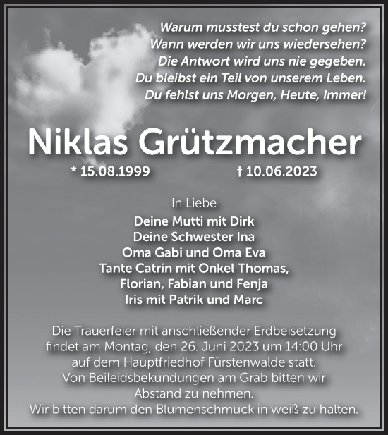 Traueranzeige von Niklas Grützmacher von Märkische Oderzeitung