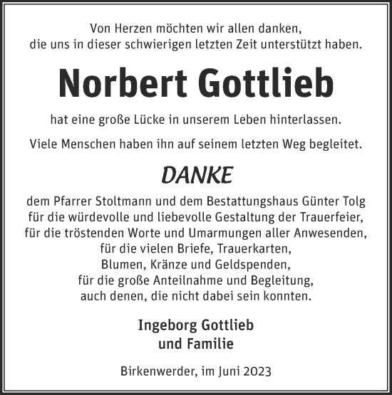 Traueranzeige von Norbert Gottlieb von Märkische Oderzeitung